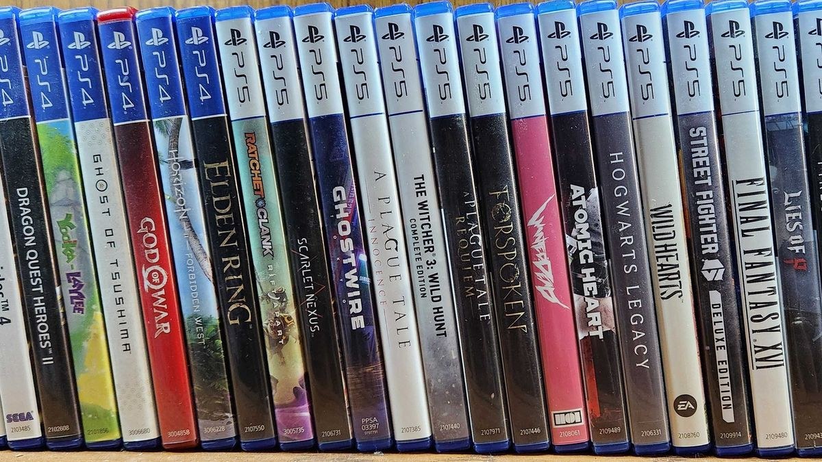A photograph of PlayStation 4 and PlayStation 5 games in their cases.