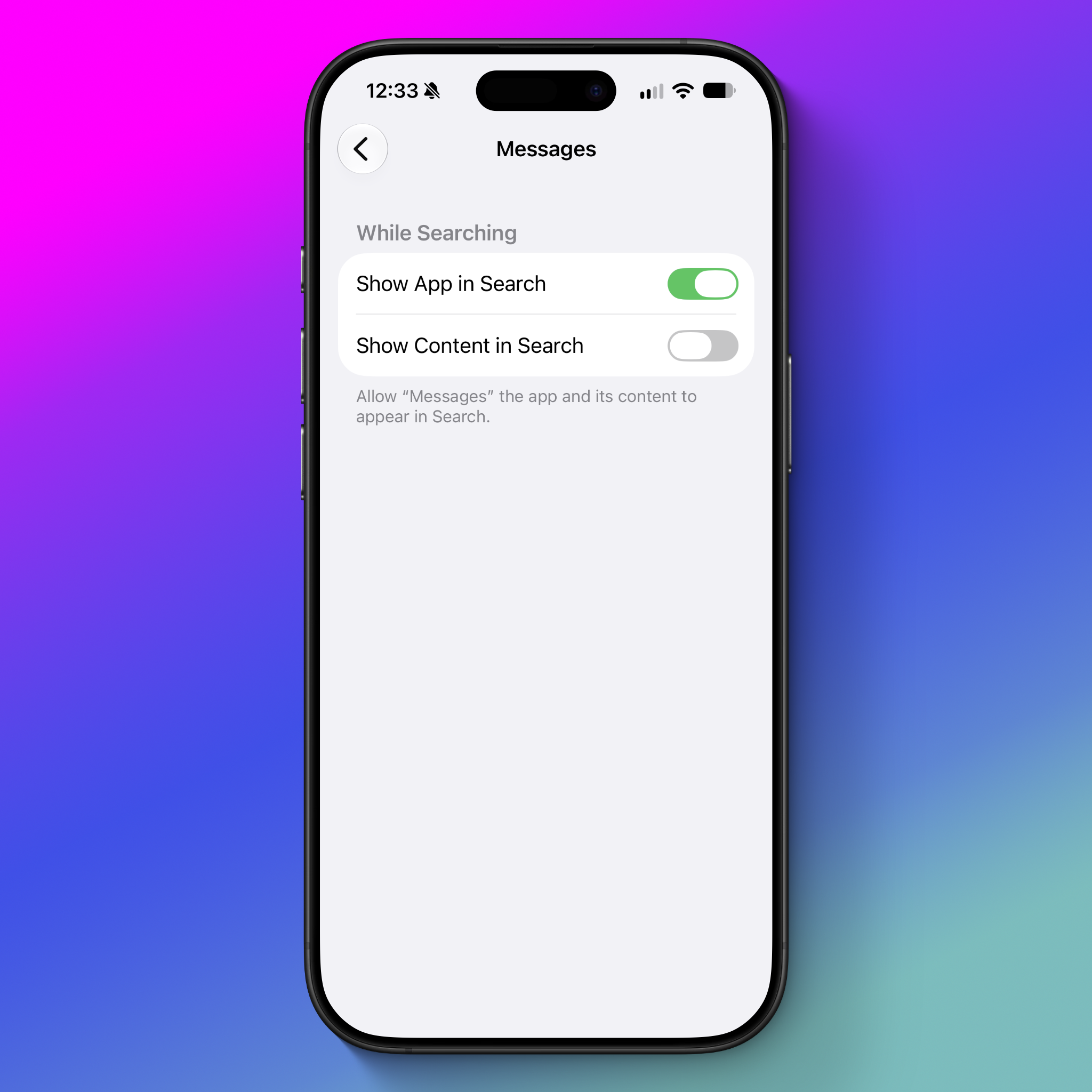 screenshot of settings app showing "show content in search" unchecked
