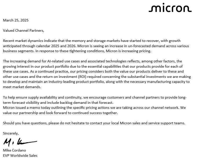 A letter sent by Micron to its channel partners announcing the increase in memory prices