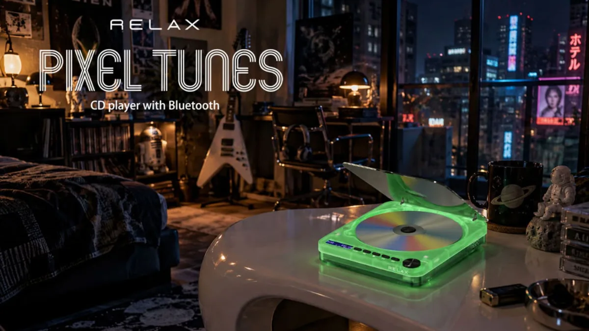 Portable Bluetooth CD player has a glow-in-the-dark transparent green finish, modern features